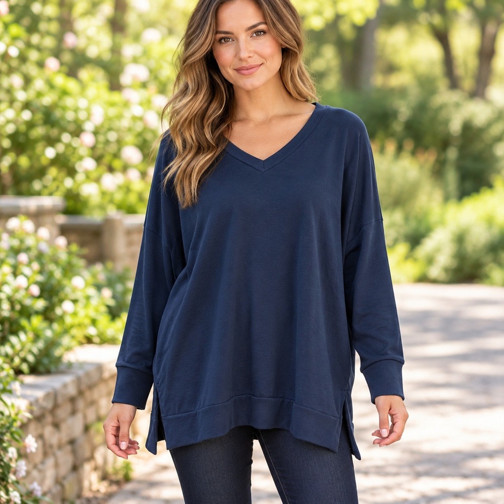 NEW Perfectly Priscilla Navy Blue V-Neck Long Sleeve Tunic Top Plus Size 2XL